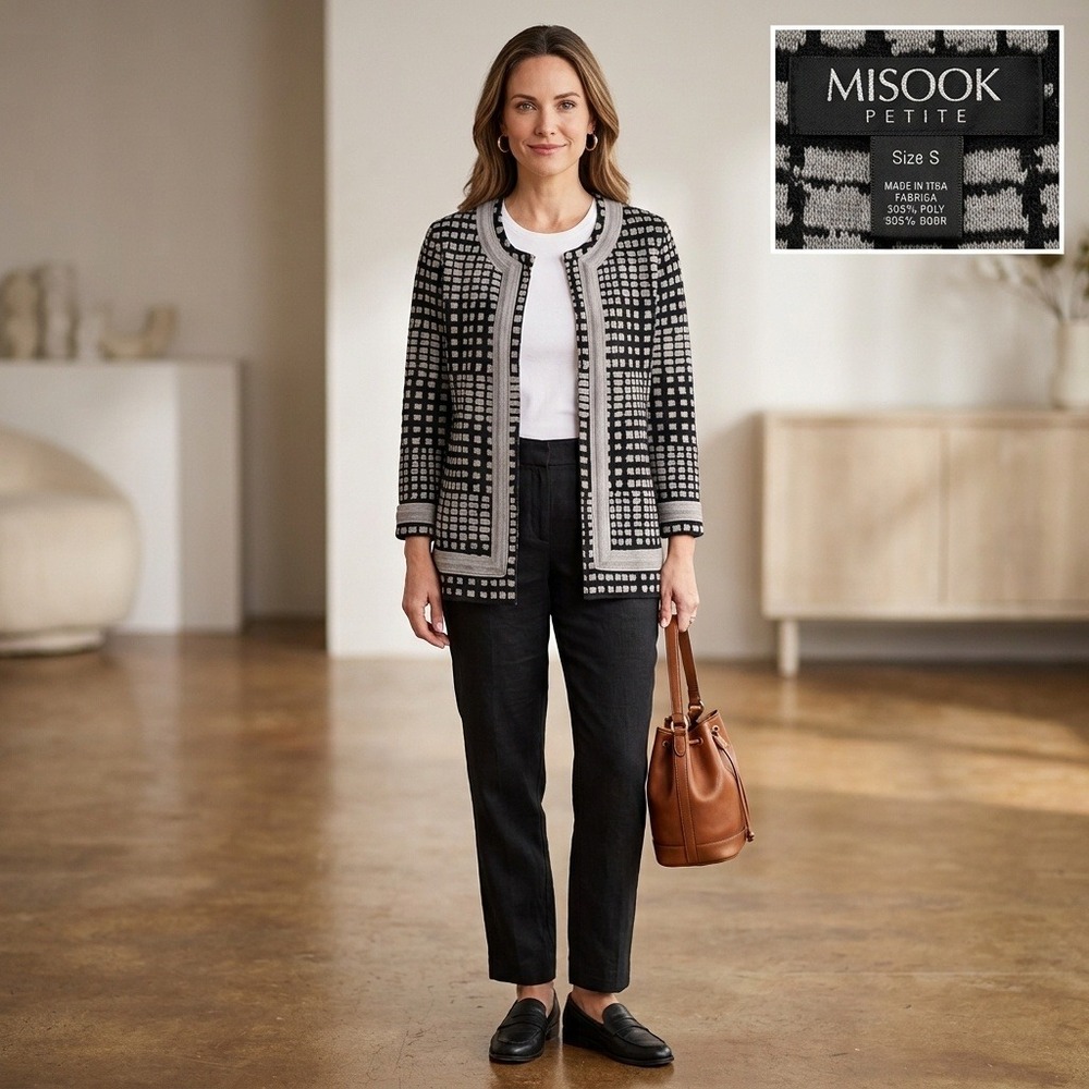 Misook Petite Cardigan Jacket Womens S Black Grey Excellent Geometric Open Front